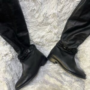 CHANEL Black Over the Knee Leather Boots
